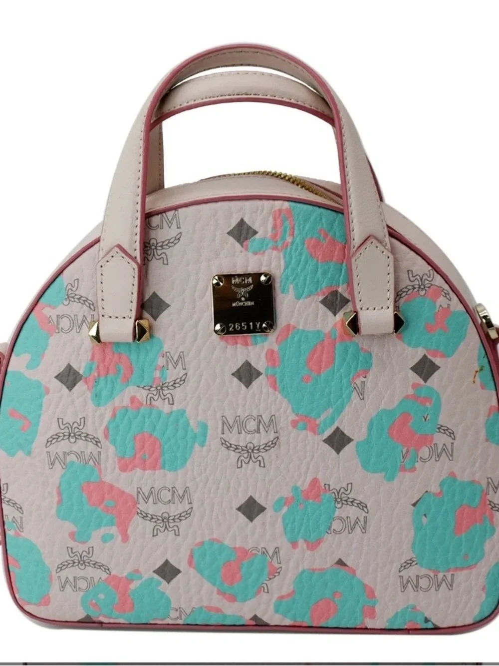 MCM Mini Aren Half Moon Pink Floral Leopard Tote Bag Crossbody